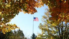 View of flag surrounded by fall trees